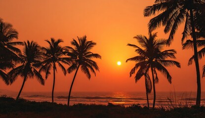 Tropical sunset beach ocean palm trees silhouette