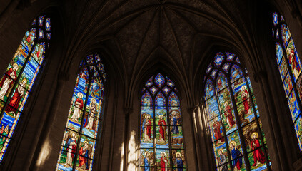 Gothic cathedral stained glass window sunlight colorful religious architecture ornate arch historic church spiritual art