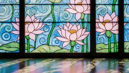 Stained glass lotus flower floral blue pink green decorative window sunlight artistic creates peaceful and vibrant atmosphere with colorful lotus flowers and swirling patterns