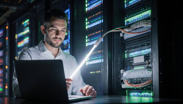 Young male technician working in data center holding LED light inspecting server rack using laptop focused expression modern technology environment data analysis network management