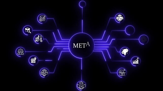Glowing Neon Line meta  System Software Automation concept on virtual screen data center. Business, modern technology, internet and networking concept.