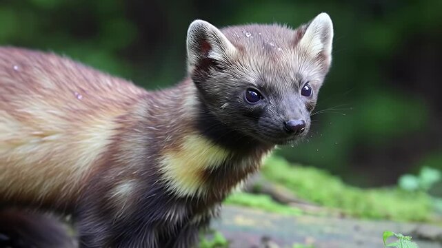 Close-up Portrait of an Alert Marten in its Natural Woodland Habitat