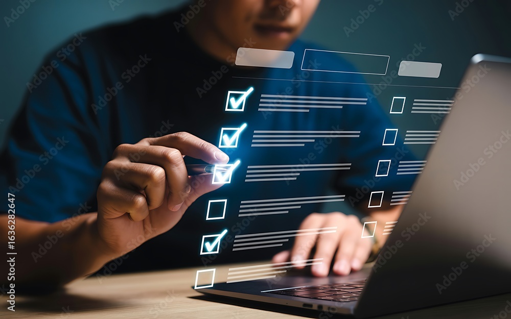 Poster person checking items on digital list with stylus image