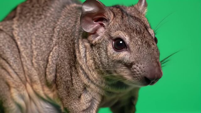 Curious Potoroo or Rat-Kangaroo Looking Forward on Bright Green Screen Background, Close-Up Animal Portrait for Compositing and Wildlife Projects