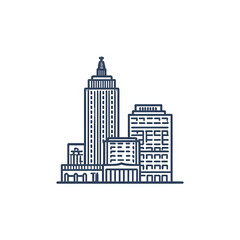 Stylized line art illustration of a modern city skyline with tall buildings isolated on white background © NeuroVisual Lab