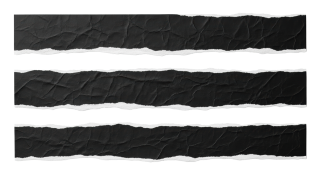 Three horizontal strips of black paper with natural, ragged torn edges, white lines, subtle creasing, and fibrous texture, appearing worn and tactile, isolated on a transparent background for abstract