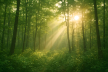 Obraz premium Sunlight in the Woods: A captivating glimpse into the heart of a sun-drenched forest, where vibrant greenery meets the ethereal glow of golden sunlight piercing through the canopy.