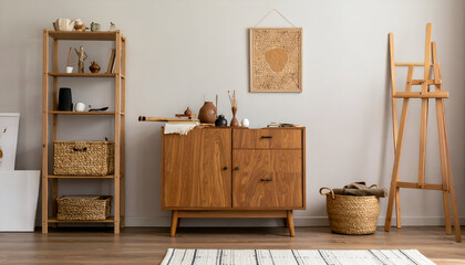Stylish Artist Workspace Interior with Teak Commode and Wooden Easel