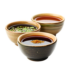 Bowls with Various Types of Sauce Isolated on White Background