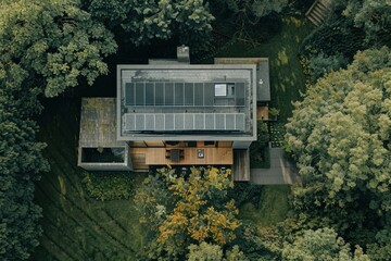 A house with solar panels on the roof, demonstrating renewable energy sources and environmental friendliness 