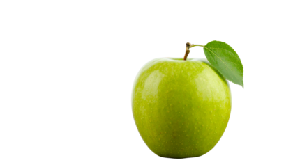 A ripe green apple with a stem and leaf , symbolizing health and vitality, ideal for nutrition websites, healthy eating guides, or educational  isolated on transparent background