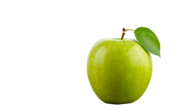 A ripe green apple with a stem and leaf , symbolizing health and vitality, ideal for nutrition websites, healthy eating guides, or educational  isolated on transparent background