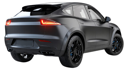 Stylish black electric car with modern design, white isolated background.