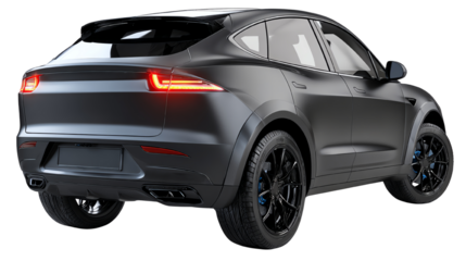 Stylish black electric car with modern design, white isolated background.