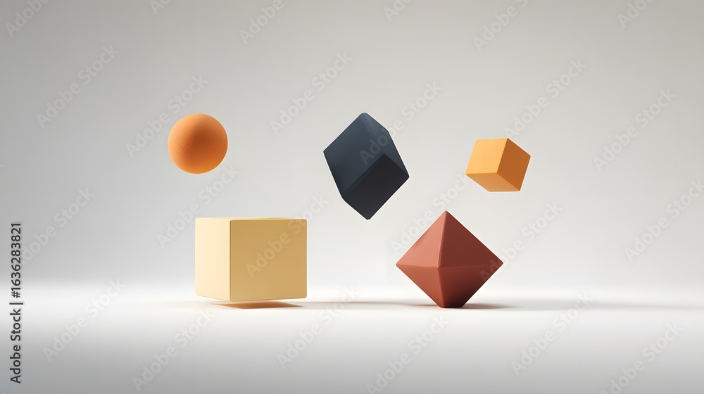 Poster geometric shapes of various colors floating in space.