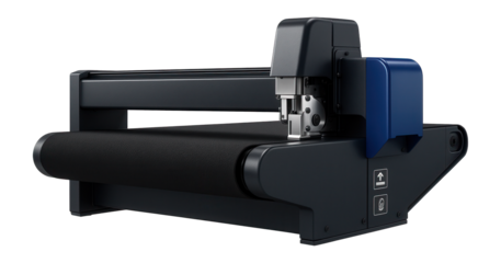 High-speed cutting carriage with a conveyor belt feed for continuous operation in a carpet factory.