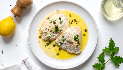 Overhead Shot of Chicken Piccata on White Plate