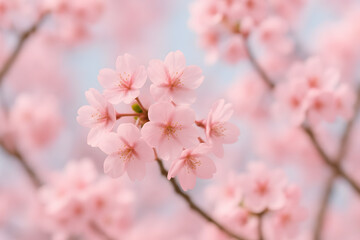 Naklejka premium Blossoming Cherry Branch: Close-up captures delicate beauty, each pastel petal radiating the spirit of renewal. Embracing springtime's delicate splendor