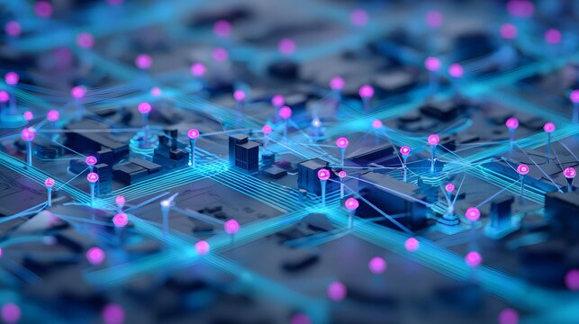 Networked city model with glowing connections. - Powered by Adobe