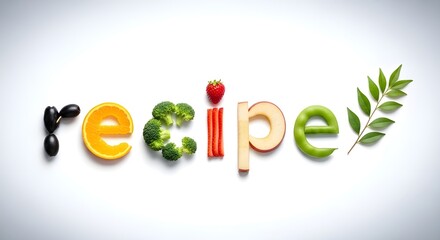 The word recipe creatively formed from fresh fruits and vegetables