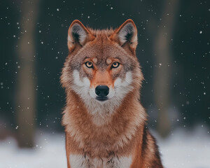 Obraz premium Majestic wolf with intense eyes gazes directly at viewer in snowy forest setting, surrounded by softly falling snowflakes, evoking sense of wilderness and solitude