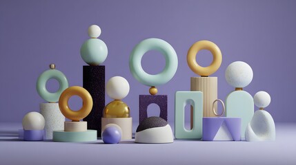 Colorful abstract shapes arranged on a lavender background.