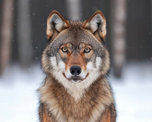 Fototapeta premium Lone wolf with intense eyes stands in snowy forest, showcasing its majestic fur and powerful presence. serene atmosphere enhances wolf captivating gaze