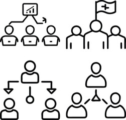 Obraz premium Four simple line art icons depicting organizational structures, team hierarchy, and leadership with a flag.