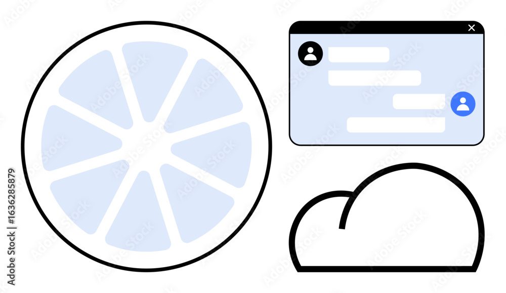 Poster circular chart, chat interface with user icons, and outlined cloud symbol. ideal for communication, 