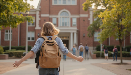 Obraz premium Back view of student with backpack coming to school with open arms. Students walk to college building in background. Schoolkids return to classes, ready to study together. Natural light, sunny day.