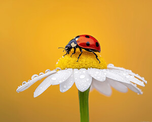 Obraz premium Vibrant ladybug rests daisy petal adorned with morning dew, set against warm yellow background. This macro shot captures delicate beauty of nature, showcasing intricate details of insect