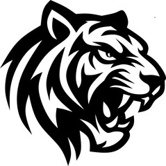 Aggressive snarling tiger head mascot in a black and white vector illustration style, symbolizing power, ferocity and strength.