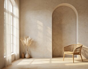 Earthy interior features arched window with sheer curtains. Woven chair complements textured wall and pampas grass decor. Natural sunlight streams, creating serene, minimalist, and cozy ambiance.