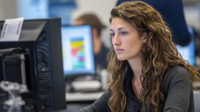 Specialist analyzing language test results on a computer comparing scores to standardized benchmarks in a wellequipped evaluation center.