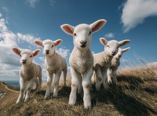 Fototapeta premium Curious lambs standing on grassy hill under blue sky, Close-up view of flock in natural daylight