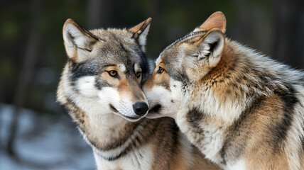 Fototapeta premium Two wolves sharing an intimate moment in a snowy forest