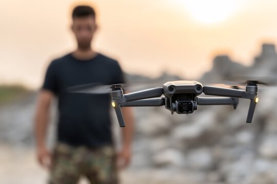 Drone hovering in front of man, Operator blurred in background, Use of drone technology in outdoor setting