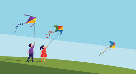 Children Flying Colorful Kites on a Sunny Day