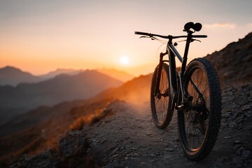 Obraz premium Mountain bike on rocky trail at sunset, Warm light glows across dirt path and distant peaks