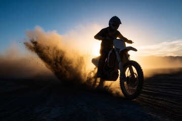 Motorcyclist drifting through dirt with dramatic dust cloud, Golden light highlights silhouette and speed