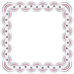 Folklore ornamental frame. Black red shapes on white background. Pattern of curve lines and rounds. Square geometry ornament in country style. Boho design element