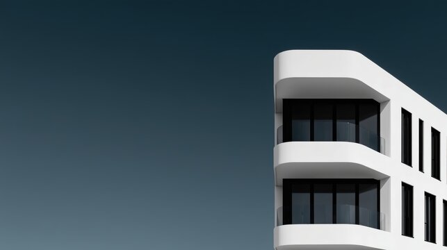 Modern white building with curved corner and large rectangular windows against blue sky