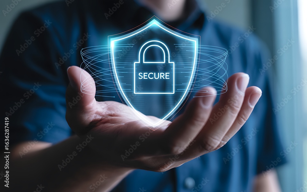 Poster person holding digital shield with padlock and secure text digital security cybersecurity