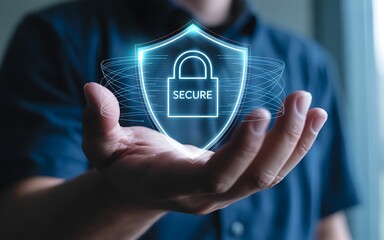 Person holding digital shield with padlock and secure text digital security cybersecurity
