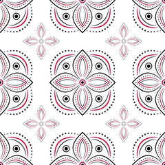 Folklore seamless patterns. Black red floral elements on white background. Plant ornate mandala vector illustration. Ornamental background of geometry ethnic square elements