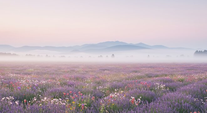 A vast, misty lavender field stretches towards distant mountains under a soft, pastel sky.