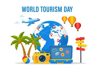 Naklejka premium World Tourism Day illustration with globe airplane luggage and hot air balloons travel