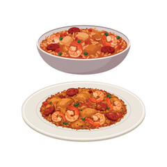 Traditional Spanish paella with shrimp, chicken, and chorizo served on a plate and in a bowl. A classic seafood and rice meal illustration.
