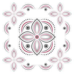 Folklore ornamental design element. Black red floral elements on white background. Plant ornate mandala vector illustration. Square geometry ornament in country style