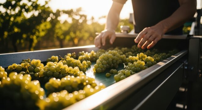 Worker sorting vibrant green grapes on a conveyor belt during harvest in a sunny vineyard